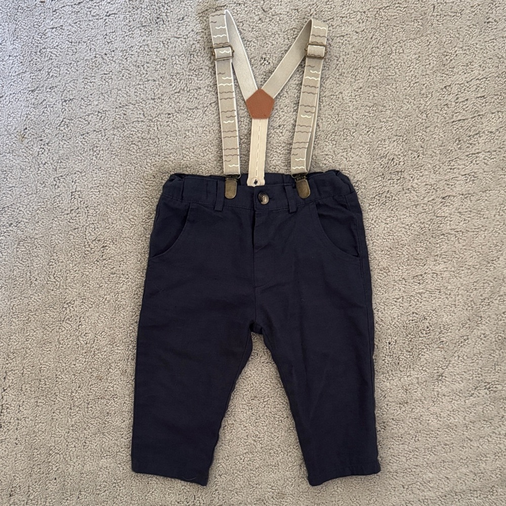 Zara Navy Overalls with Cream Suspenders